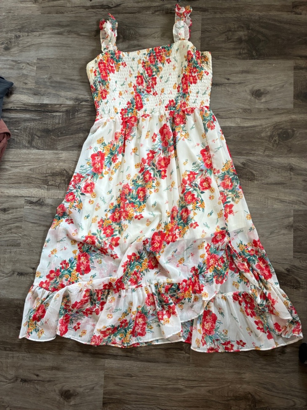 Maurices White Floral Smocked Top with Multicolor Trim